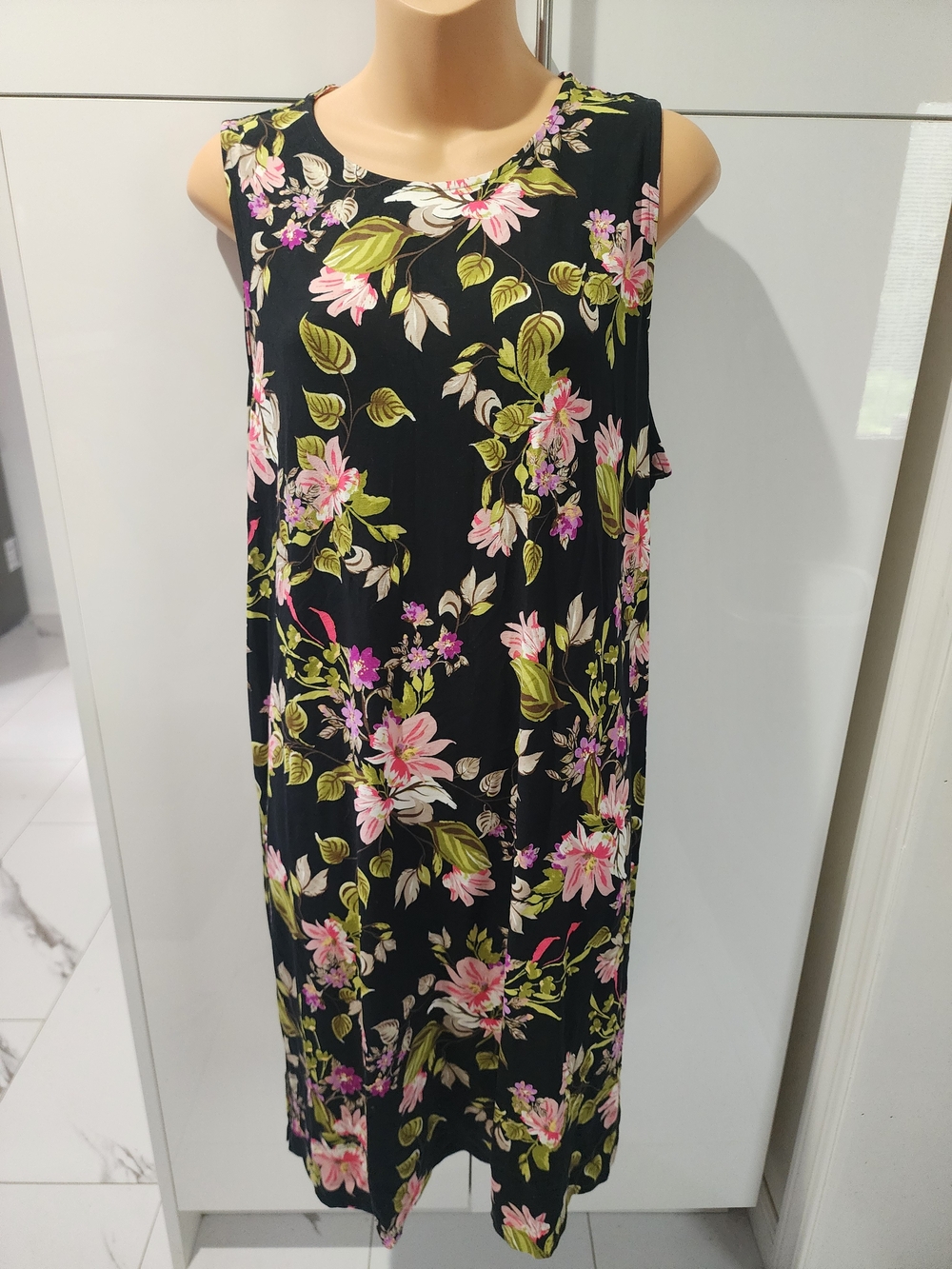 J. Jill Black Sleeveless Midi Dress with Pink & Green Floral Print